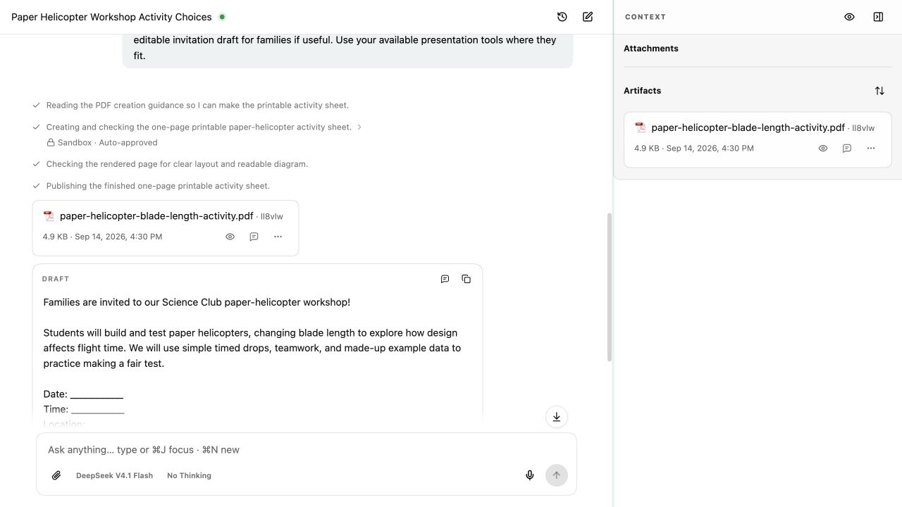 A generated PDF appears as a file card in the conversation and under Artifacts in the Context panel, with Preview, Comment, and More controls