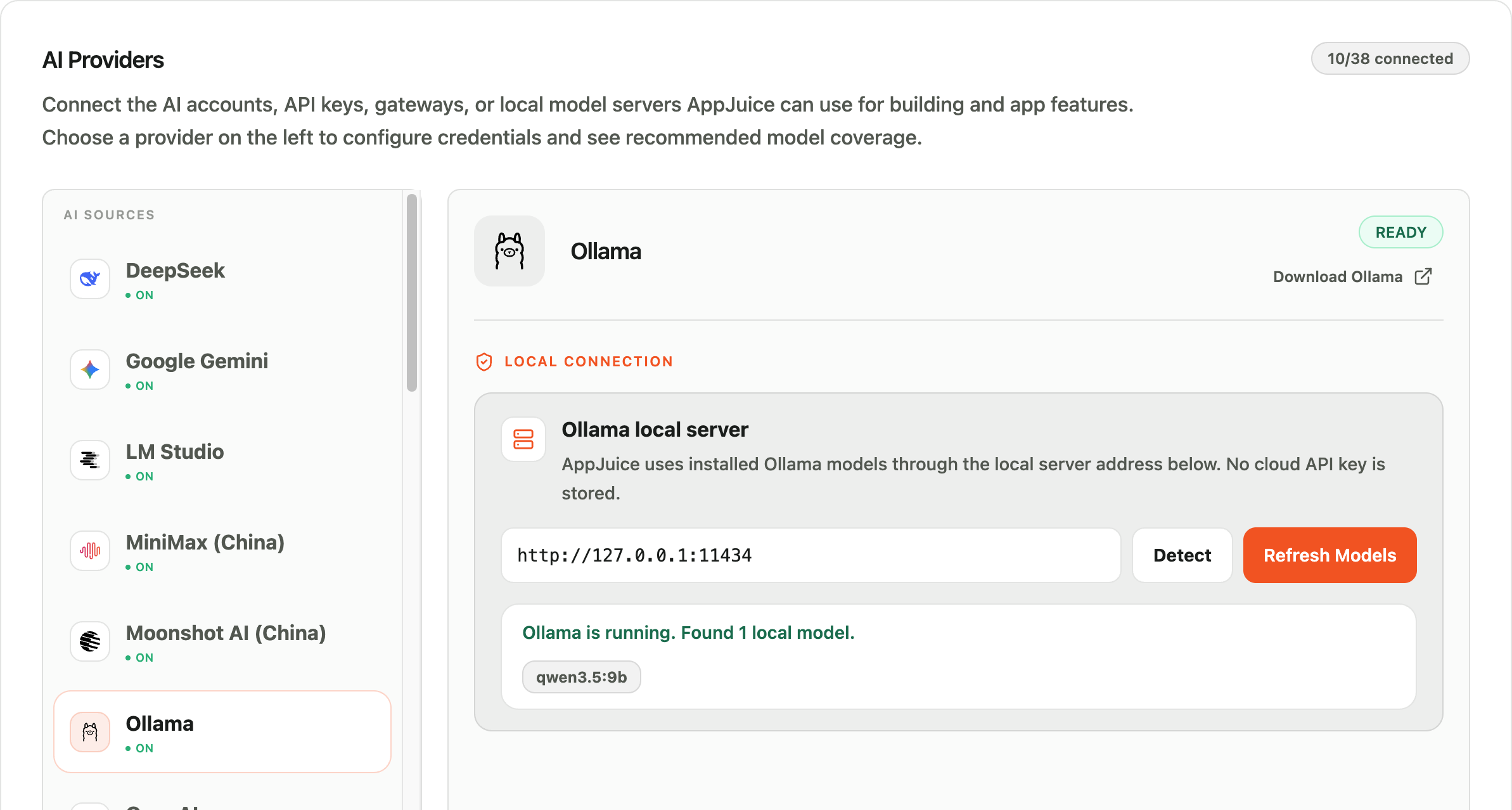 AI Providers settings with connected cloud providers and a local Ollama server