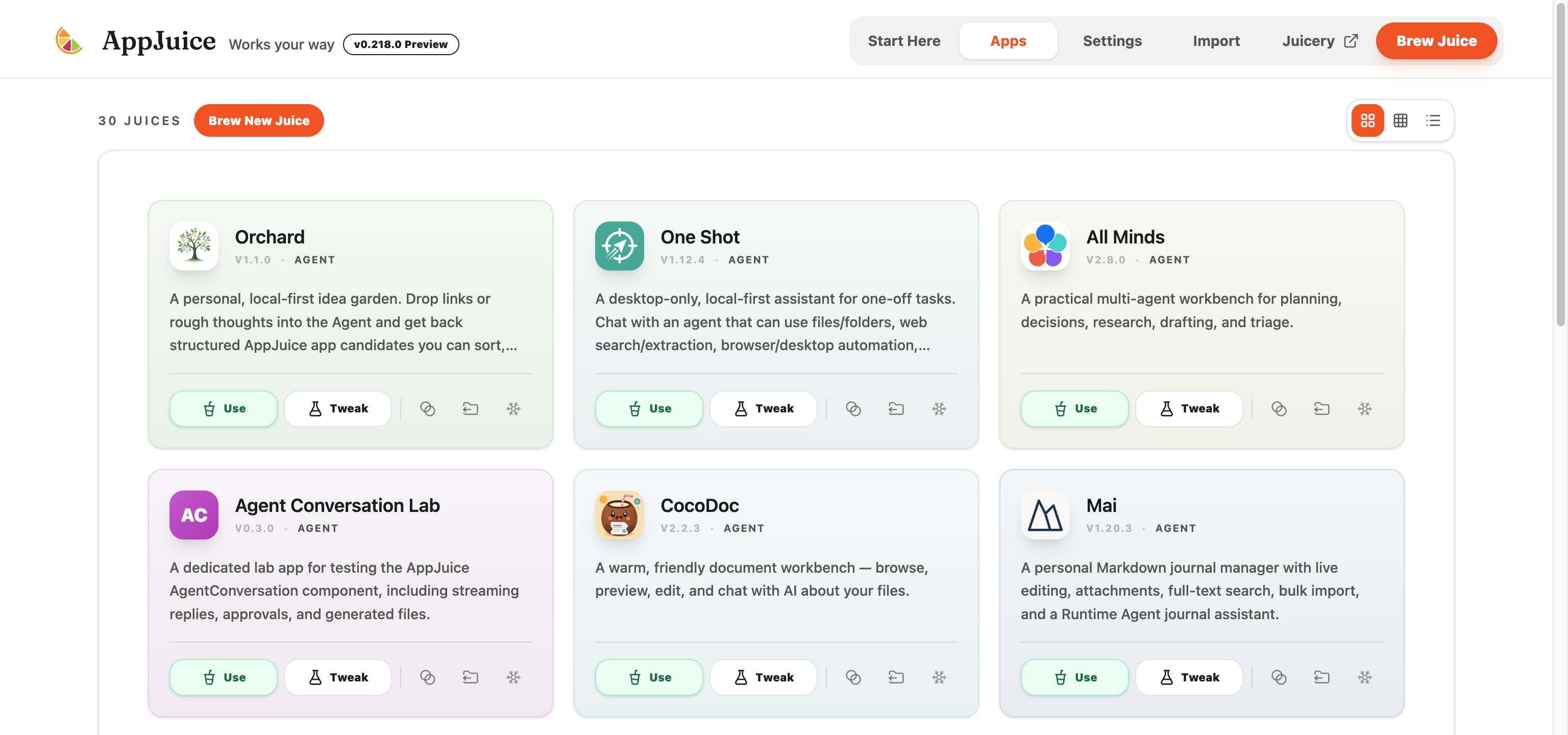 AppJuice desktop app in Cards view