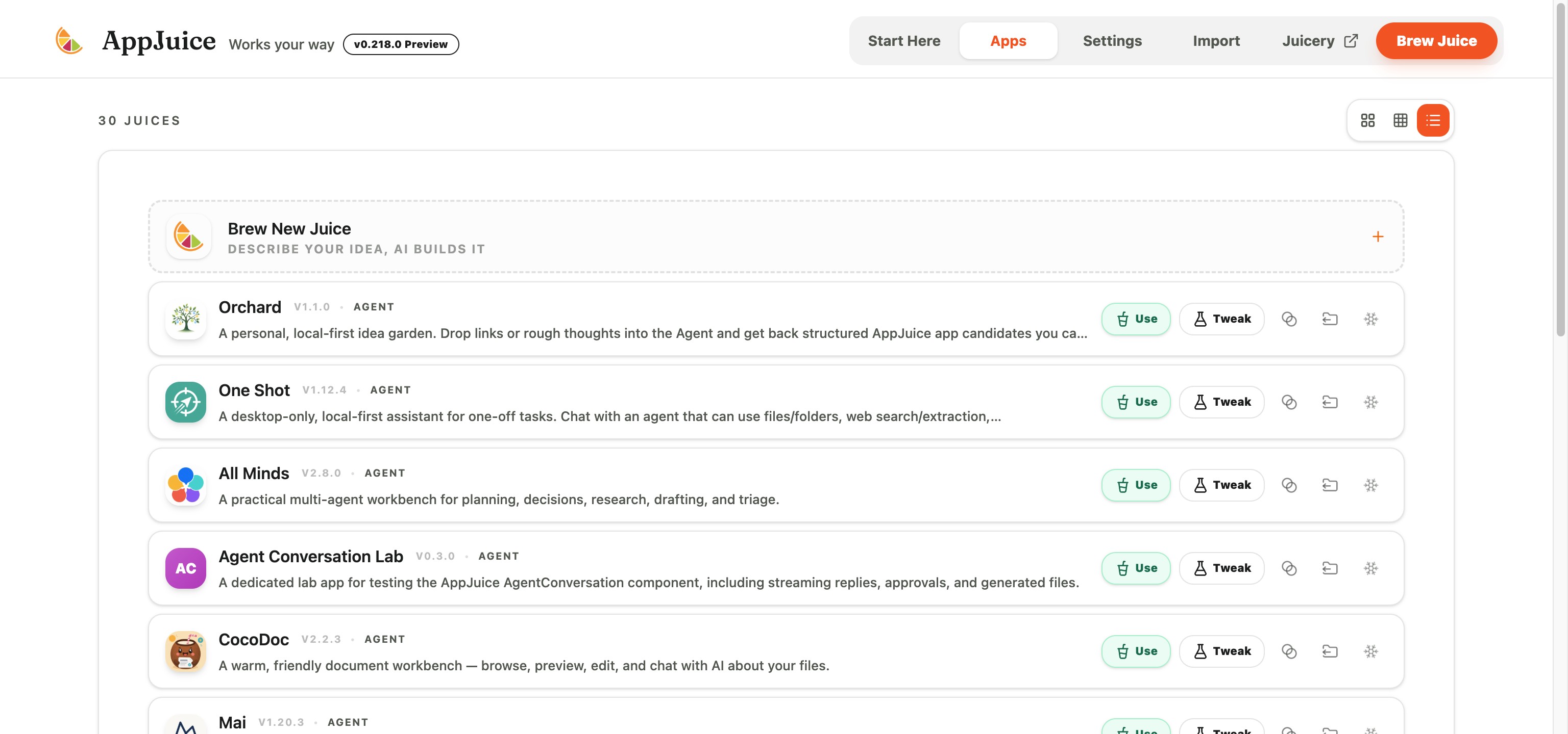 AppJuice desktop app in List view