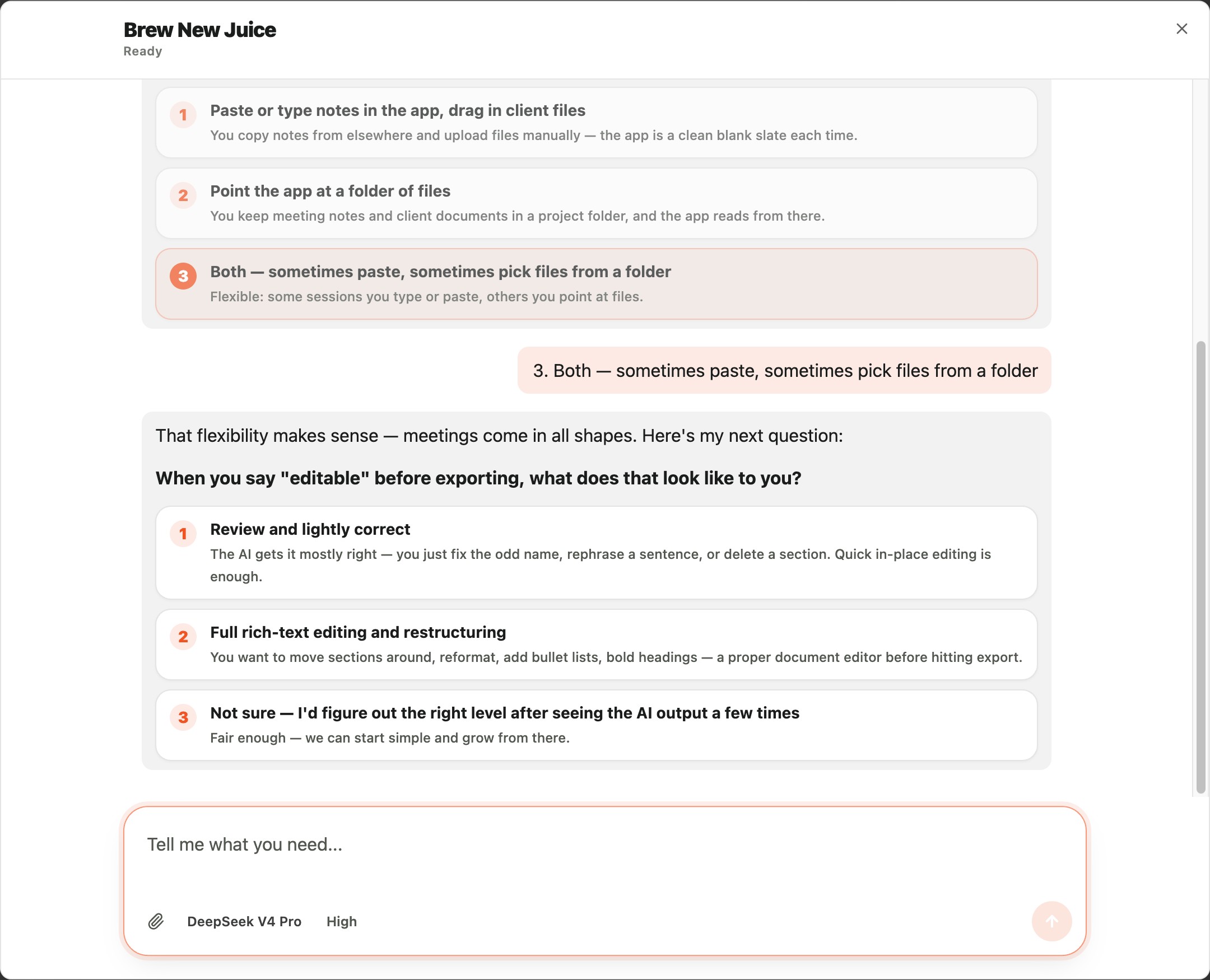 Brew product-design conversation with selected and available workflow choices