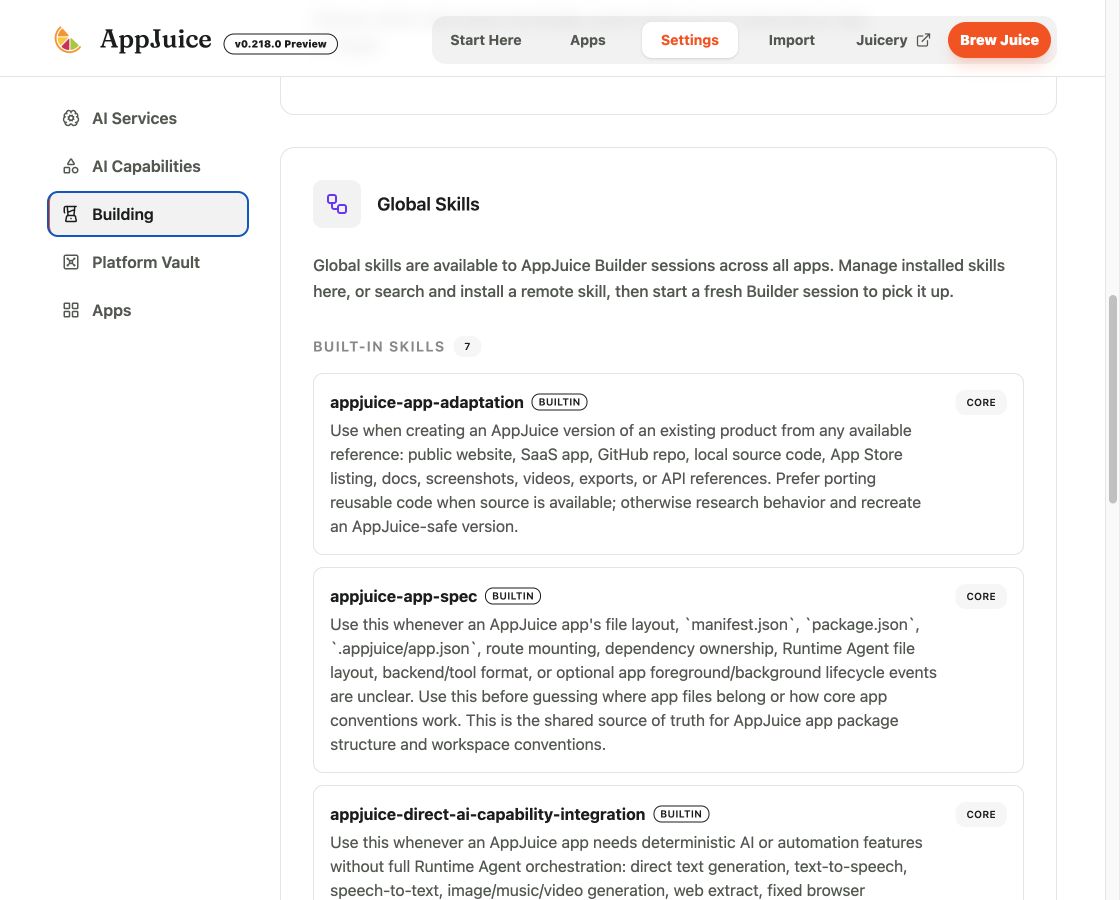 Building settings showing Global Skills and seven built-in AppJuice skills