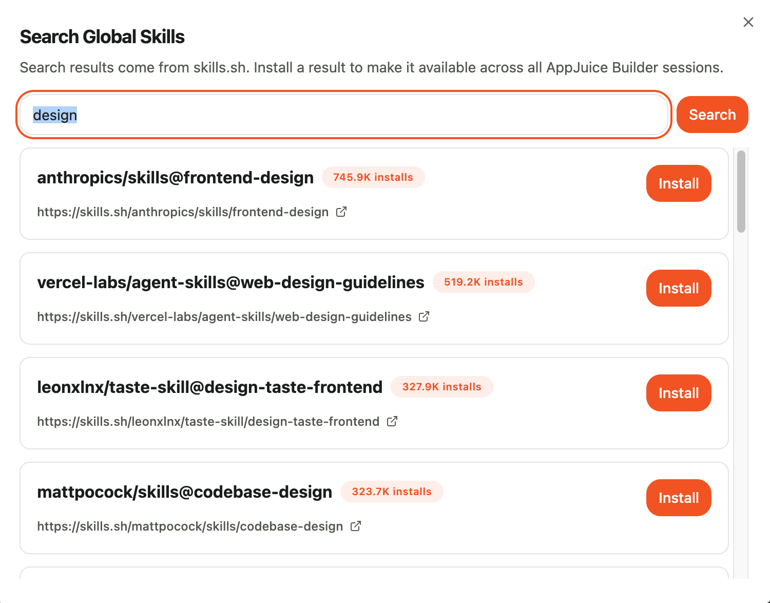 Search Global Skills dialog with design skills available to install for every app