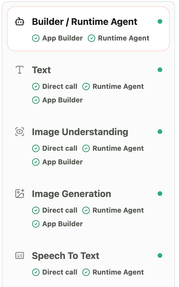 AI capability list with Builder, Runtime Agent, text, image, and speech routes