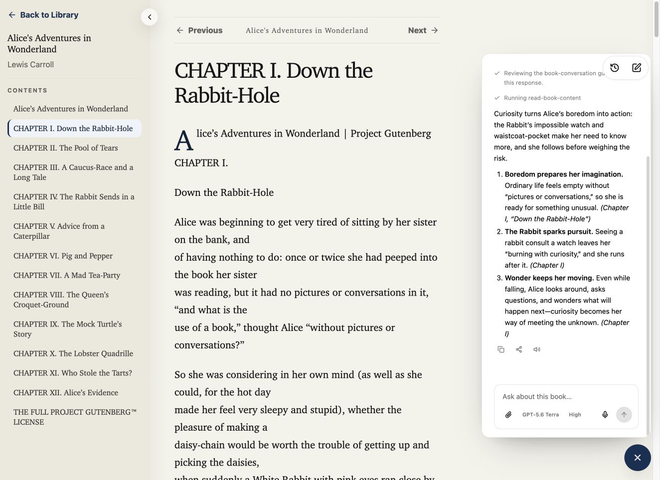 Nectra displays Alice's Adventures in Wonderland beside an open Agent chat explaining the first chapter