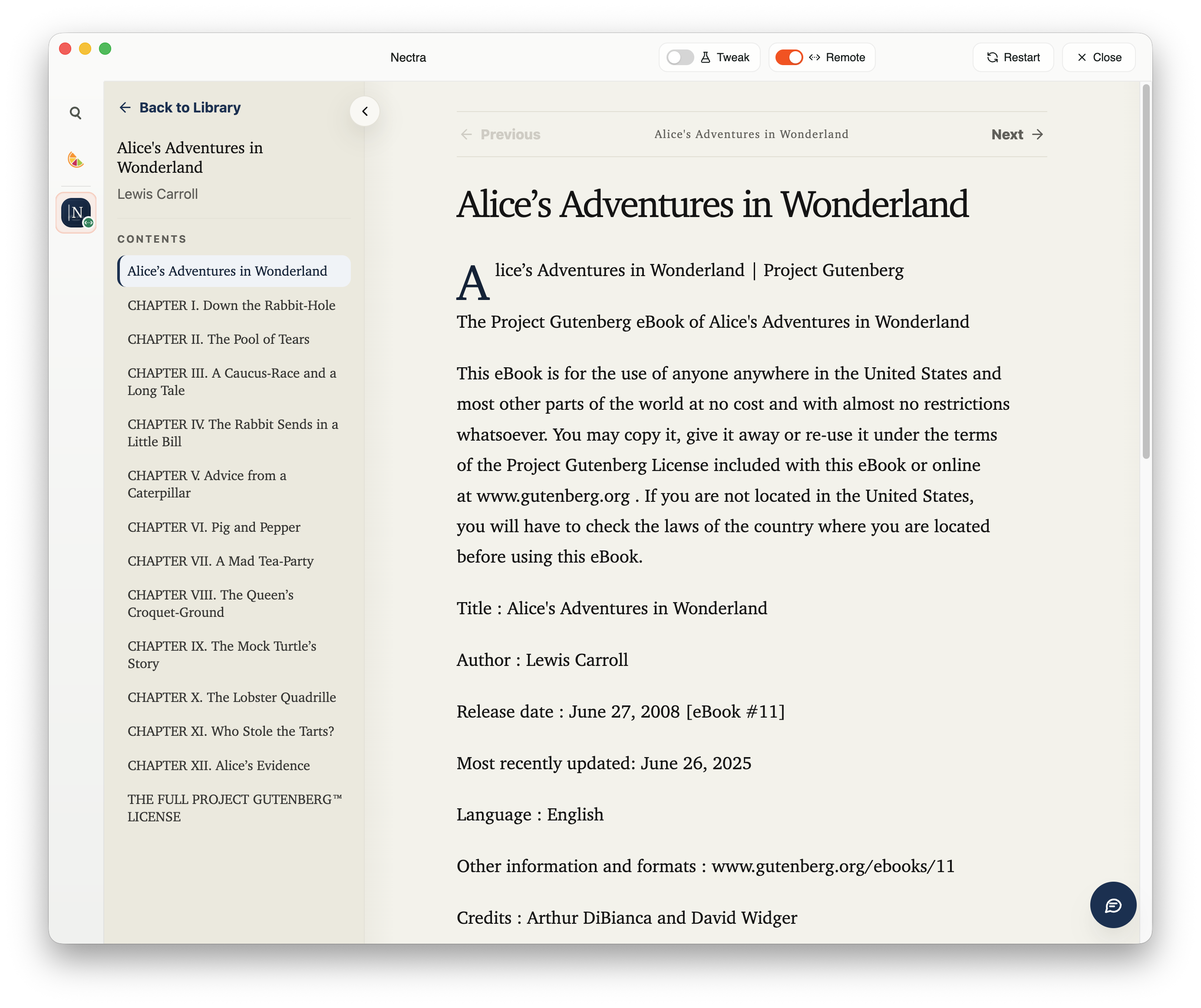 Nectra reading app open in Use mode