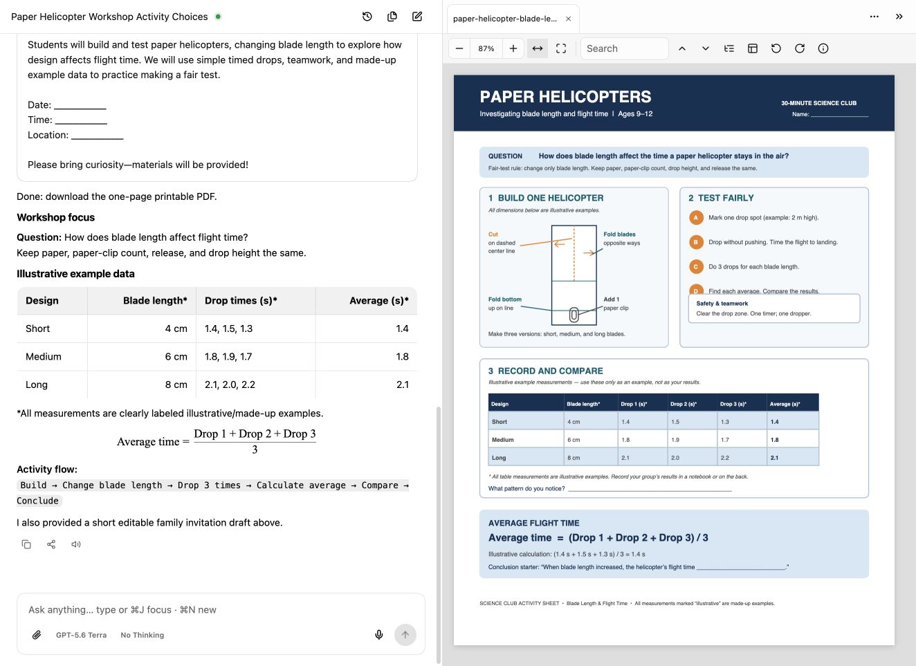 One Shot shows an English workshop summary with a data table and rendered formula beside the PDF handout it generated