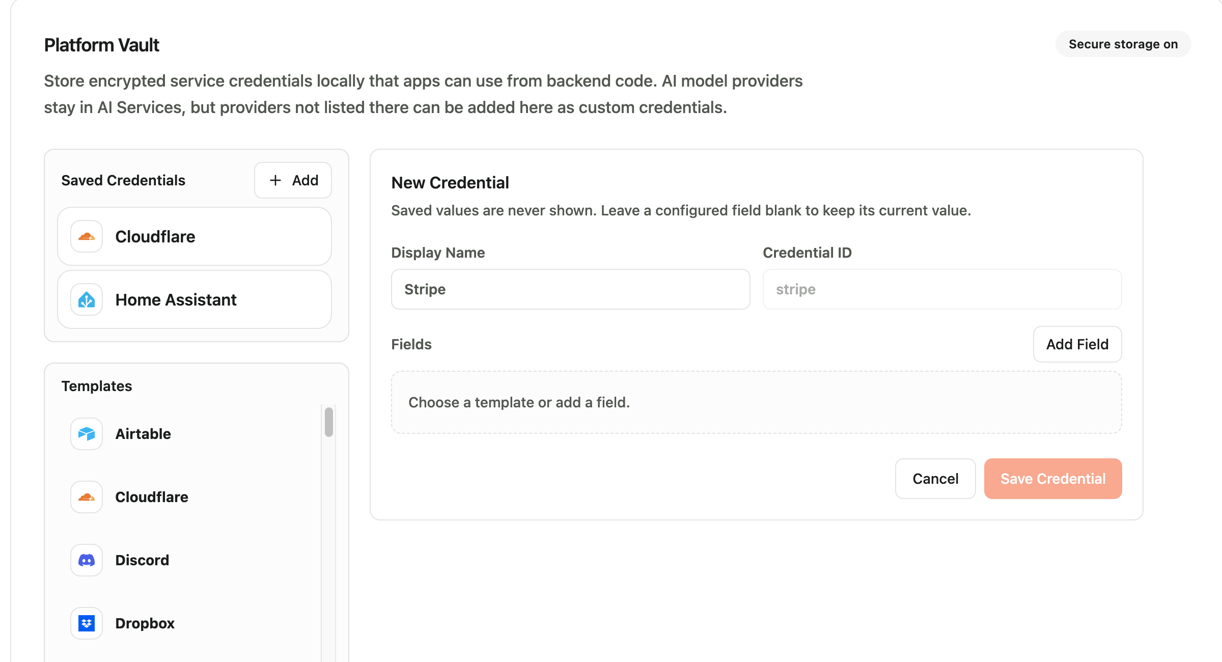 Platform Vault settings with secure storage, templates, and saved credentials