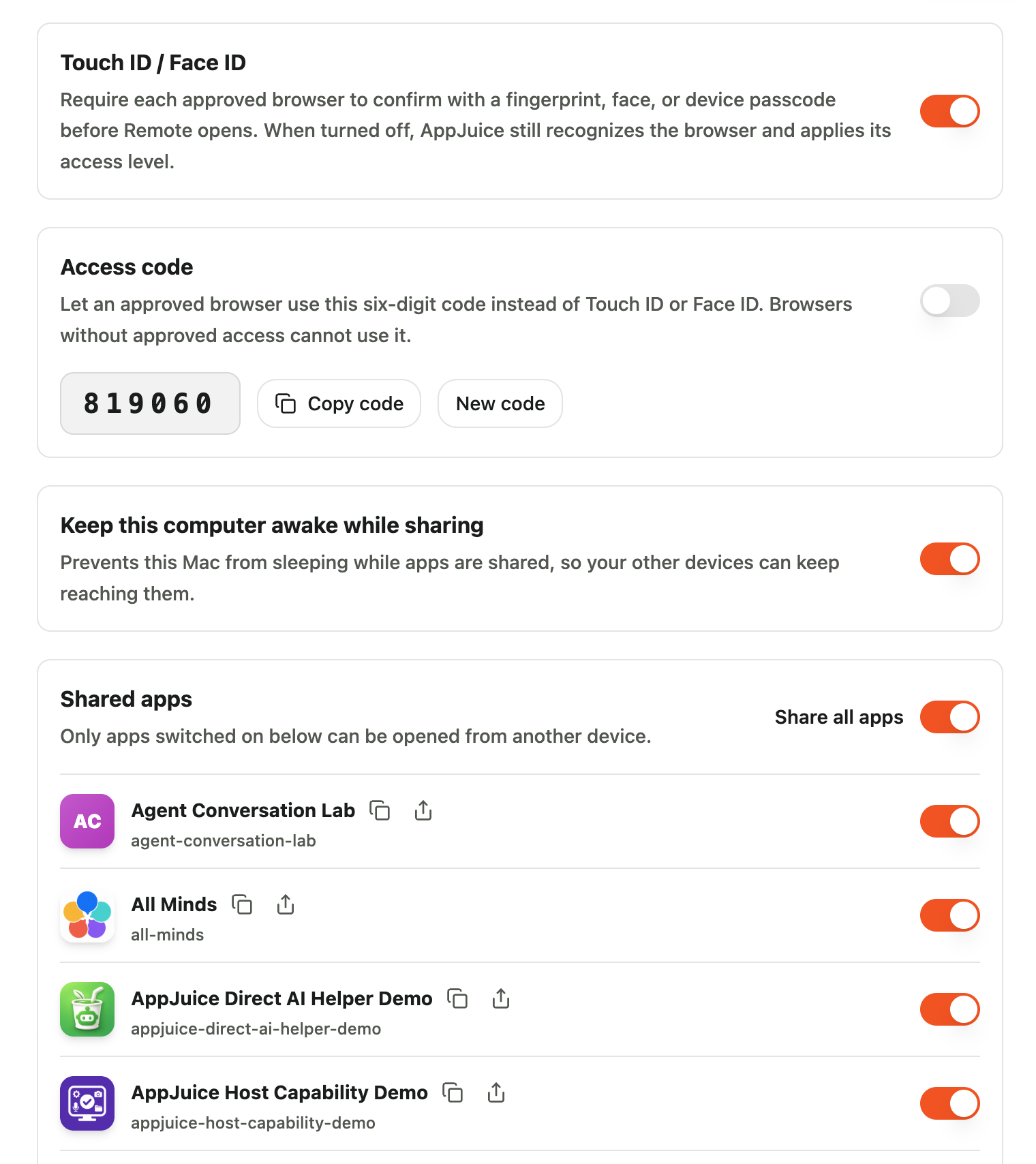 Remote Access settings with device authentication and shared app controls