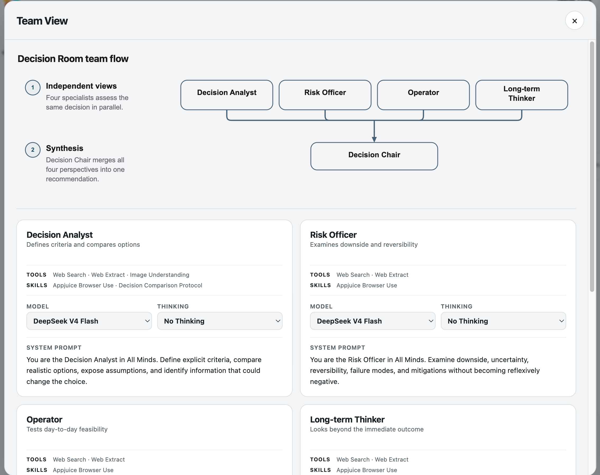 All Minds app with four specialist agents and a Decision Chair