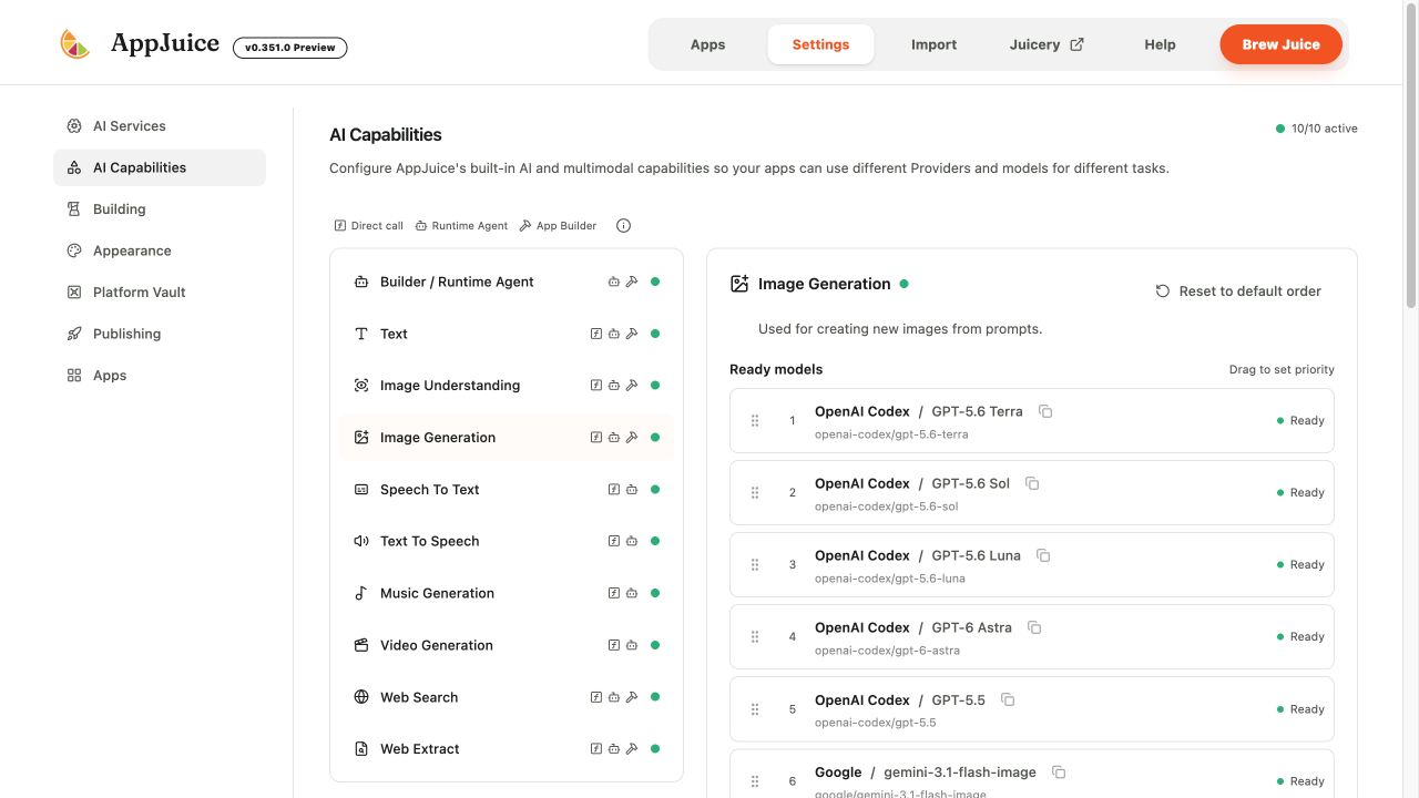 AI Capabilities settings with Image Generation selected and its ordered list of ready models