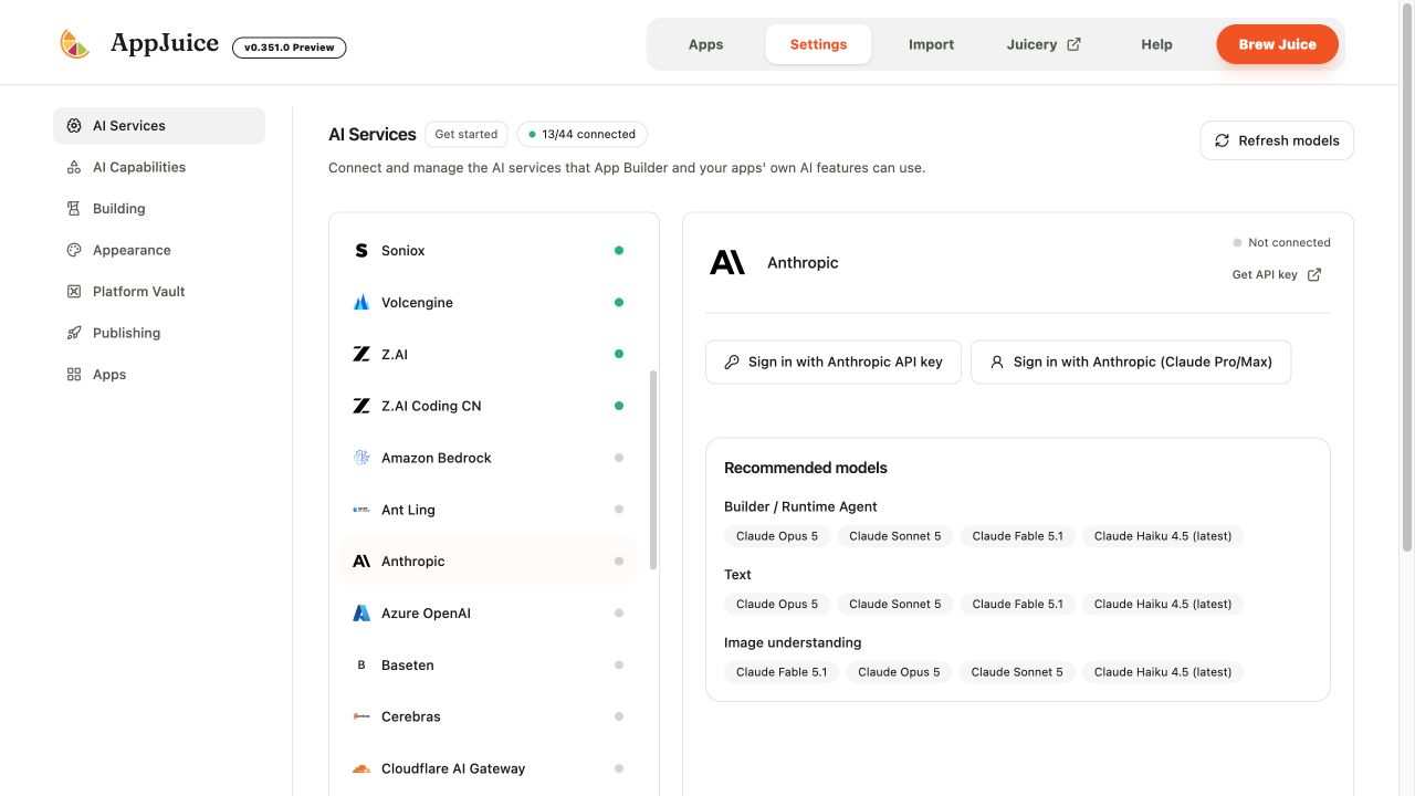 AI Services settings with Anthropic selected and its available sign-in methods shown
