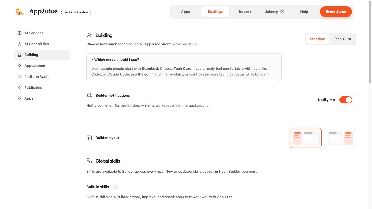 Building settings show Standard and Tech Guru modes, completion notifications, and left or right Builder panel placement